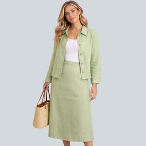 Talbots Midi Skirt Suit Set 100% Linen Womens 10 Petites Green Jacket Midi Skirt